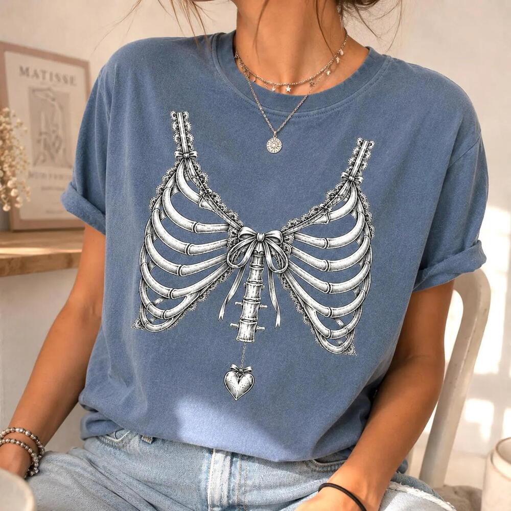 Skeleton Ribcage Bra Shirt, Coquette Halloween Tee, Gothic Lace Bow